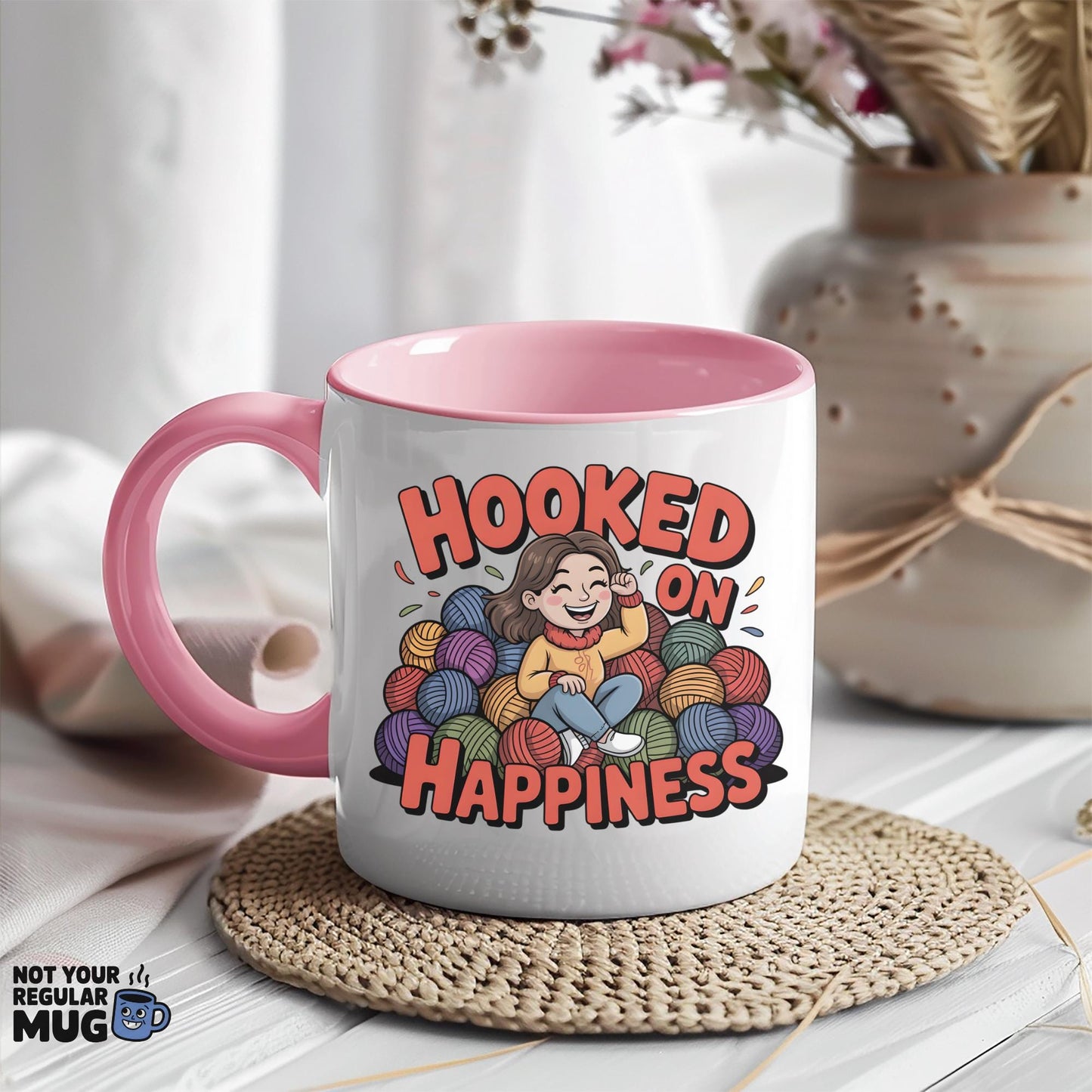 Hooked on Happiness Funny Crochet Mug