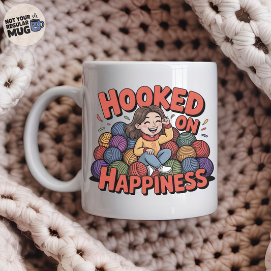 Hooked on Happiness Funny Crochet Mug